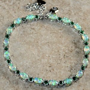 Green  Fire Opal Oval Silver Bracelet